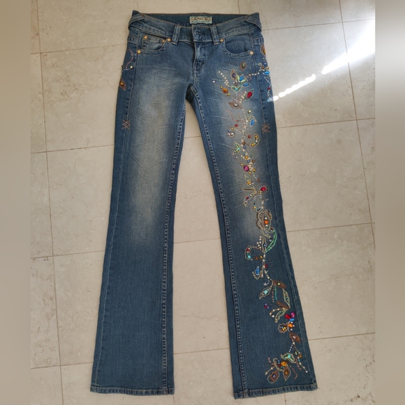 Vintage Allen B. By Allen Schwartz Y2K Low Rise Flared Rhinestone Jeans 28 NWOT - Picture 1 of 17